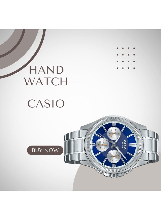 كاسيو ساعة كاسيو إنتايسر MTP-1375D-2A1VDF للرجال، أنالوج متعدد الموانئ - مينا أزرق، سوار من الفولاذ المقاوم للصدأ، حركة كوارتز، عرض اليوم والتاريخ، مقاومة للماء حتى عمق 50 متر، ساعة يد رسمية كلاسيكية - Image 4