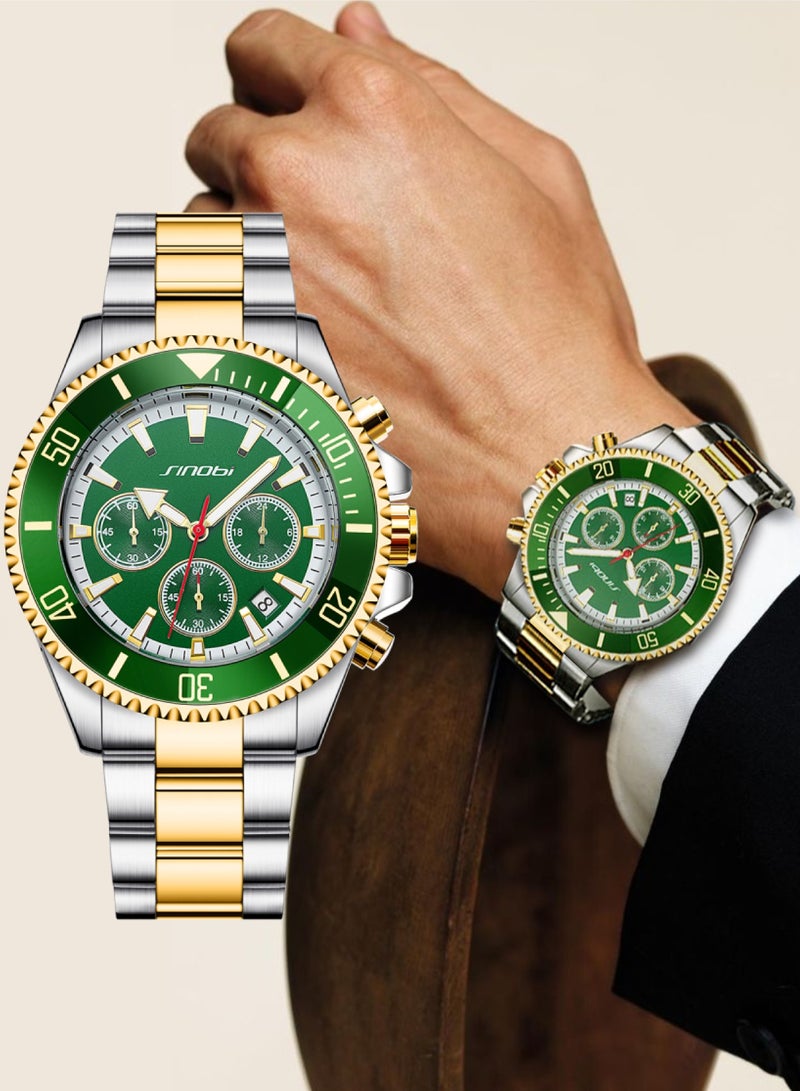 SINOBI Men's Luxury Business Watch | Gold & Silver Dual-Tone Stainless Steel Strap | 30M Waterproof with Calendar & Chronograph | Oversized Green Dial, Luminous Hands, Sapphire Glass - Image 1