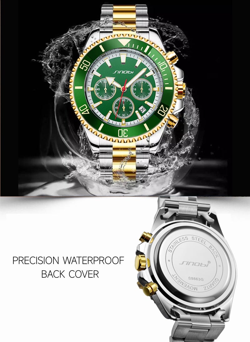 SINOBI Men's Luxury Business Watch | Gold & Silver Dual-Tone Stainless Steel Strap | 30M Waterproof with Calendar & Chronograph | Oversized Green Dial, Luminous Hands, Sapphire Glass - Image 4