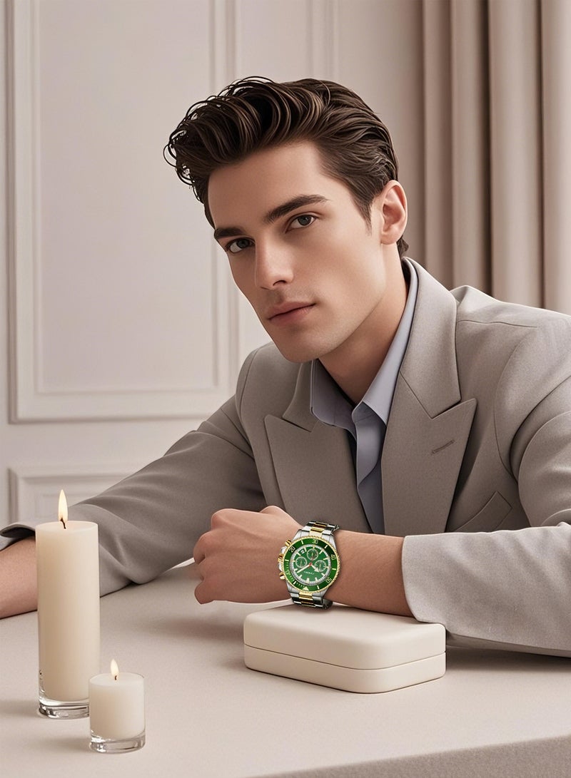 SINOBI Men's Luxury Business Watch | Gold & Silver Dual-Tone Stainless Steel Strap | 30M Waterproof with Calendar & Chronograph | Oversized Green Dial, Luminous Hands, Sapphire Glass - Image 2