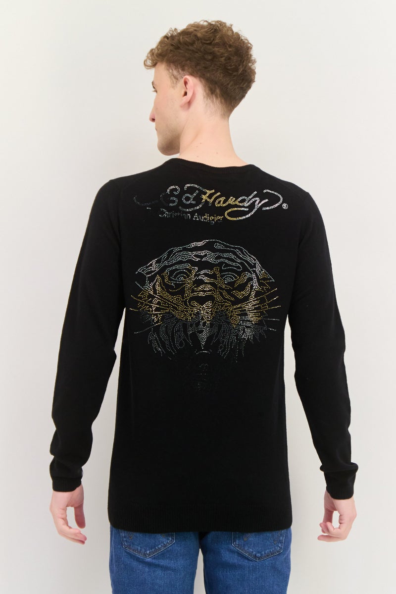 Ed Hardy سويت شيرت رجالي بياقة على شكل V بشعار العلامة التجارية، مجموعة سوداء - Image 3