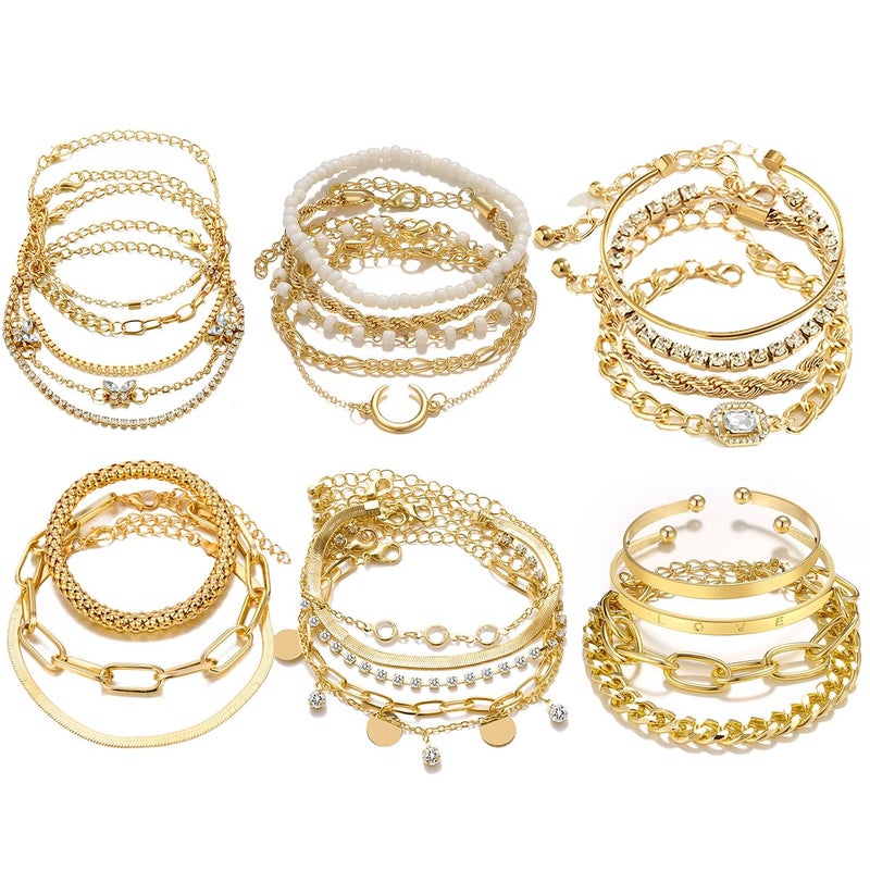 IFNODO 28pcs Gold Chain Bracelets Set for Women, 14K Gold Plated Multiple Layered Bangle Adjustable Cuban Link Bracelet Fashion Accessories Jewelry for Women Gift (6-set-Gold) - Image 1