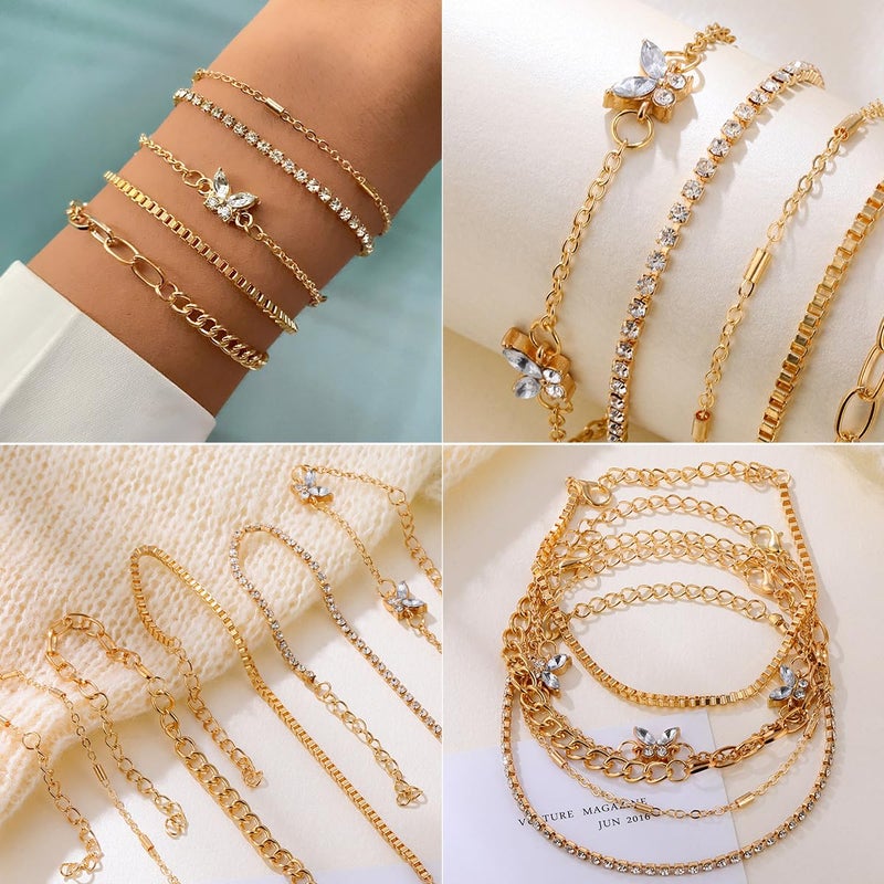IFNODO 28pcs Gold Chain Bracelets Set for Women, 14K Gold Plated Multiple Layered Bangle Adjustable Cuban Link Bracelet Fashion Accessories Jewelry for Women Gift (6-set-Gold) - Image 5