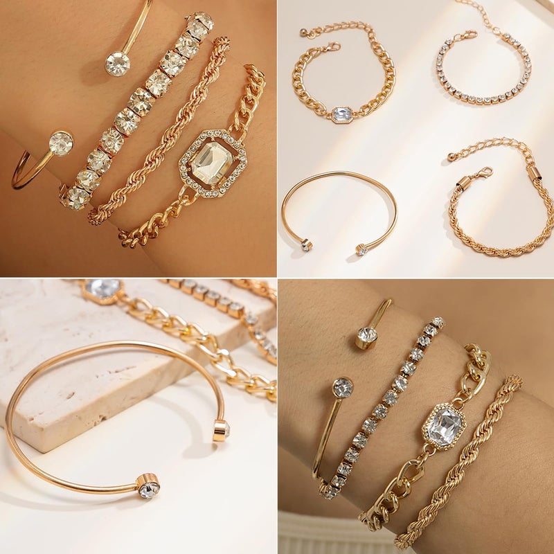 IFNODO 28pcs Gold Chain Bracelets Set for Women, 14K Gold Plated Multiple Layered Bangle Adjustable Cuban Link Bracelet Fashion Accessories Jewelry for Women Gift (6-set-Gold) - Image 2