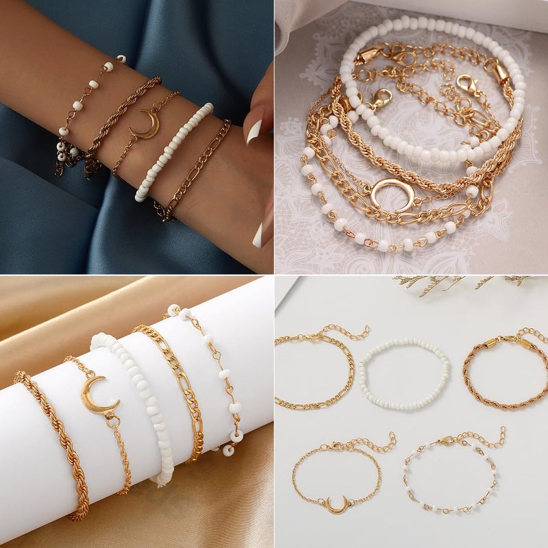 IFNODO 28pcs Gold Chain Bracelets Set for Women, 14K Gold Plated Multiple Layered Bangle Adjustable Cuban Link Bracelet Fashion Accessories Jewelry for Women Gift (6-set-Gold) - Image 4
