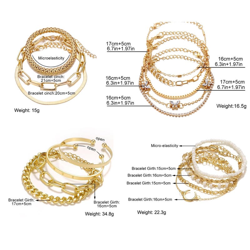 IFNODO 28pcs Gold Chain Bracelets Set for Women, 14K Gold Plated Multiple Layered Bangle Adjustable Cuban Link Bracelet Fashion Accessories Jewelry for Women Gift (6-set-Gold) - Image 3