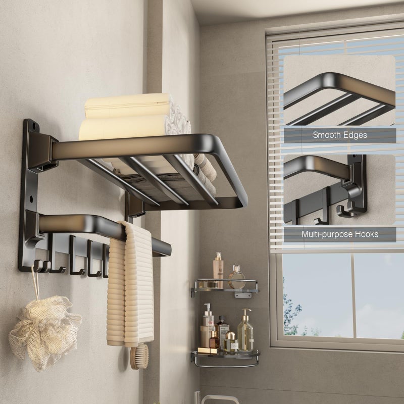 VOLDRA Towel Racks for Bathroom, 24-Inch Towel Shelf with Towel Bar Foldable Towel Holder with 7 Hooks Towel Storage Organizer for Bathroom & Lavatory Wall Mounted(Matte Black) - Image 3