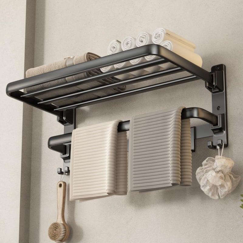 VOLDRA Towel Racks for Bathroom, 24-Inch Towel Shelf with Towel Bar Foldable Towel Holder with 7 Hooks Towel Storage Organizer for Bathroom & Lavatory Wall Mounted(Matte Black) - Image 1