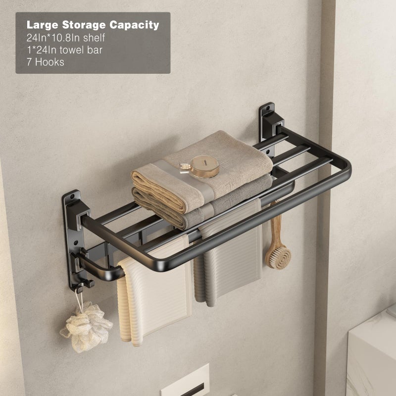 VOLDRA Towel Racks for Bathroom, 24-Inch Towel Shelf with Towel Bar Foldable Towel Holder with 7 Hooks Towel Storage Organizer for Bathroom & Lavatory Wall Mounted(Matte Black) - Image 2