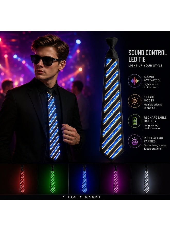 Dpofirs Men's Voice Activated LED Tie, Glowing Black Striped with Multiple Lighting Modes - Image 1