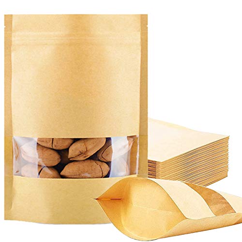 DIMVKA 100 Pcs Resealable Stand Up kraft Paper Bags with Window for Packaging Products, Reusable Zip Lock Food Storage Pouch Bags (3.5" x 5.5") - Image 1