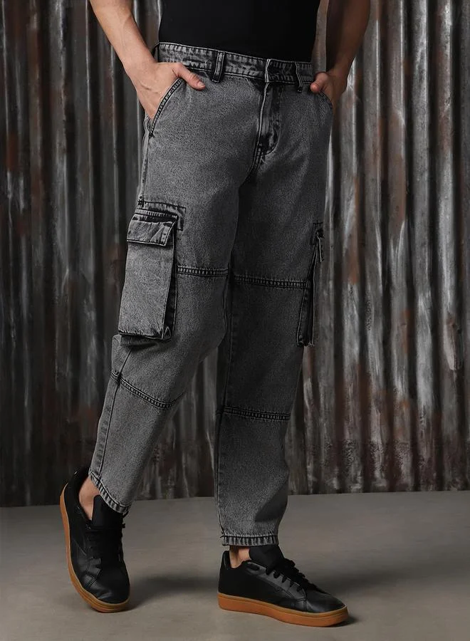 HIGH STAR Men's Grey 100% Cotton Washed Regular Length Cargo Straight Fit Jeans