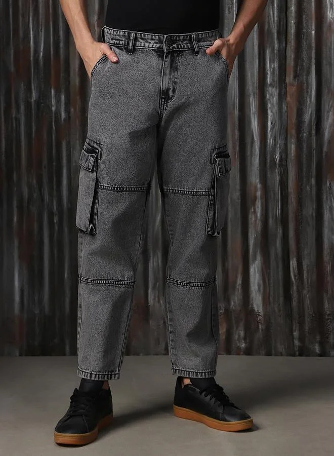 HIGH STAR Men's Grey 100% Cotton Washed Regular Length Cargo Straight Fit Jeans