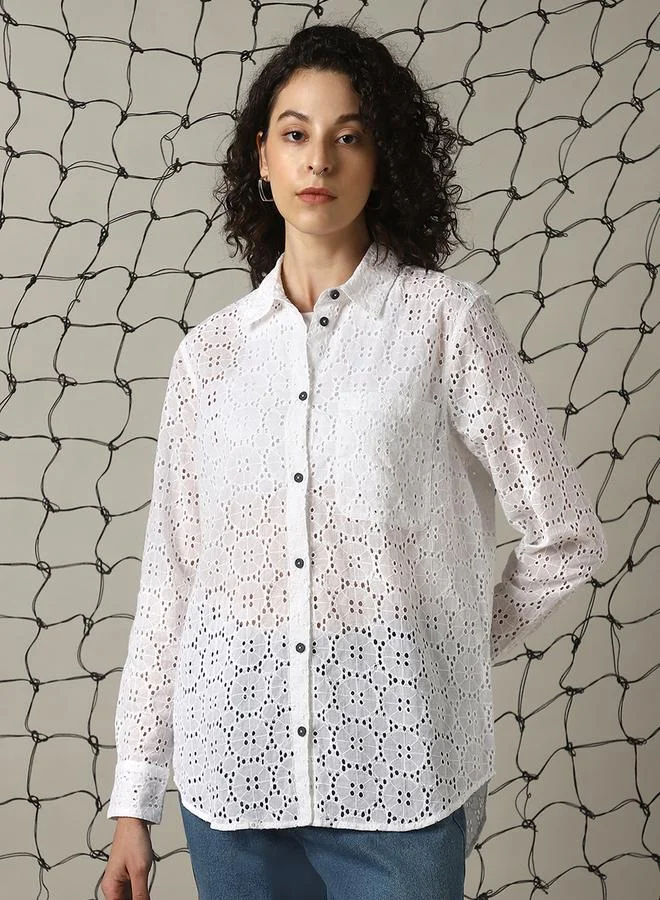 Hubberholme Women's Multicolour 100% Cotton Schiffli Button Down Oversized Shirt
