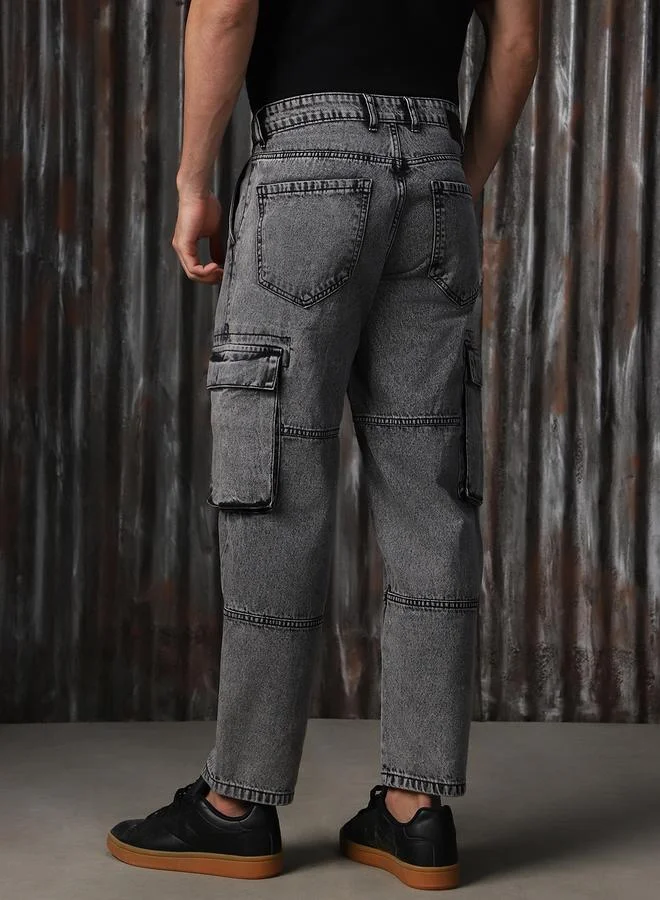 HIGH STAR Men's Grey 100% Cotton Washed Regular Length Cargo Straight Fit Jeans