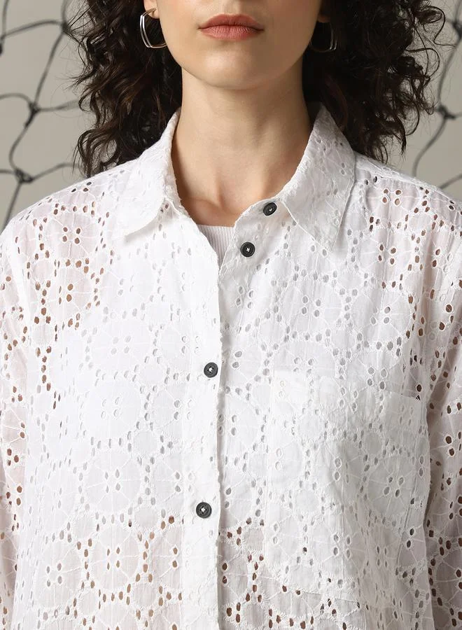 Hubberholme Women's Multicolour 100% Cotton Schiffli Button Down Oversized Shirt