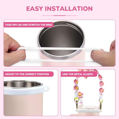 Beofinest Stanley Cup Accessories Set Including Adjustable Water Bottle Shoulder & Handle Strap, Glitter Silicone Protective Boot, Silicone Straw Topper Cover, Cute Charms for Stanley 30oz 40oz Tumbler (Pink) - Image 4