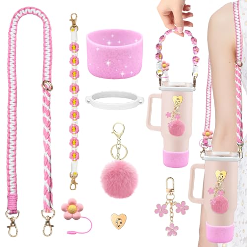 Beofinest Stanley Cup Accessories Set Including Adjustable Water Bottle Shoulder & Handle Strap, Glitter Silicone Protective Boot, Silicone Straw Topper Cover, Cute Charms for Stanley 30oz 40oz Tumbler (Pink) - Image 1