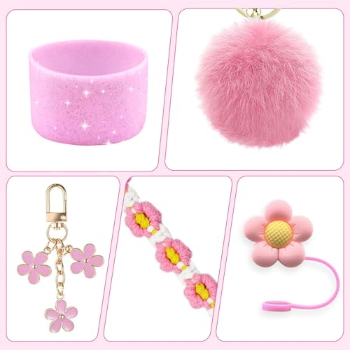 Beofinest Stanley Cup Accessories Set Including Adjustable Water Bottle Shoulder & Handle Strap, Glitter Silicone Protective Boot, Silicone Straw Topper Cover, Cute Charms for Stanley 30oz 40oz Tumbler (Pink) - Image 5