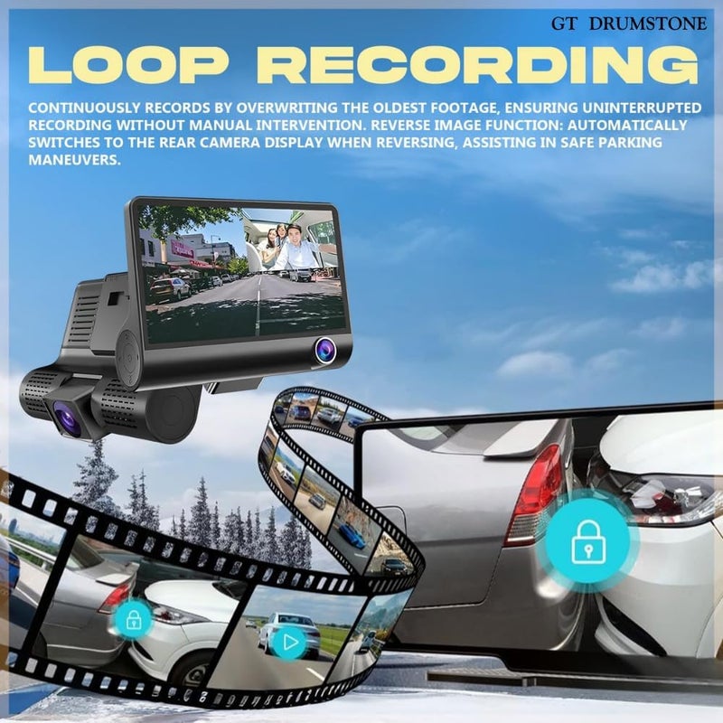 Drumstone (𝐒𝐩𝐞𝐜𝐢𝐚𝐥 𝟏𝟓 𝐘𝐞𝐚𝐫𝐬 𝐖𝐚𝐫𝐫𝐚𝐧𝐭𝐲) 3 Channel Dash Cam 1080P Full HD with Front, Inside & Rear Cameras | 360° Car Security DVR with G-Sensor, Loop Recording, Parking Monitor - Image 5
