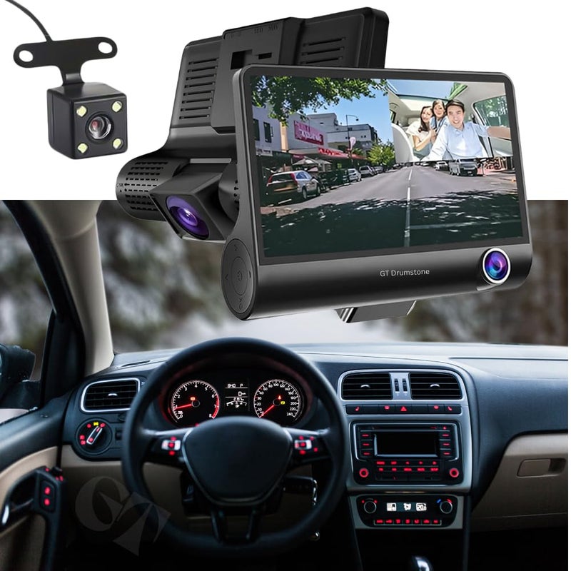 Drumstone (𝐒𝐩𝐞𝐜𝐢𝐚𝐥 𝟏𝟓 𝐘𝐞𝐚𝐫𝐬 𝐖𝐚𝐫𝐫𝐚𝐧𝐭𝐲) 3 Channel Dash Cam 1080P Full HD with Front, Inside & Rear Cameras | 360° Car Security DVR with G-Sensor, Loop Recording, Parking Monitor - Image 1