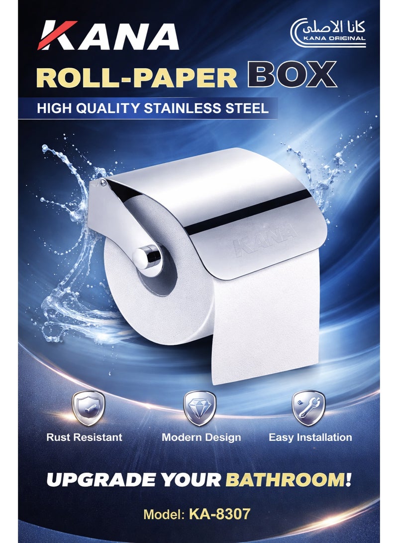 Kana The KANA Roll-Paper Box is the perfect choice for those who seek to combine luxury and practicality in bathroom design. Made from high-quality stainless steel, this holder provides a comfortable user experience and long-lasting durability thanks to its resistance to rust and scratches. It features a sleek, modern design that suits all tastes, adding a touch of elegance to any bathroom with its precise details and shiny metallic color. Easy to install, it is ideal for those looking to enhance their bathroom's appearance while maintaining the highest levels of performance and quality - Image 1
