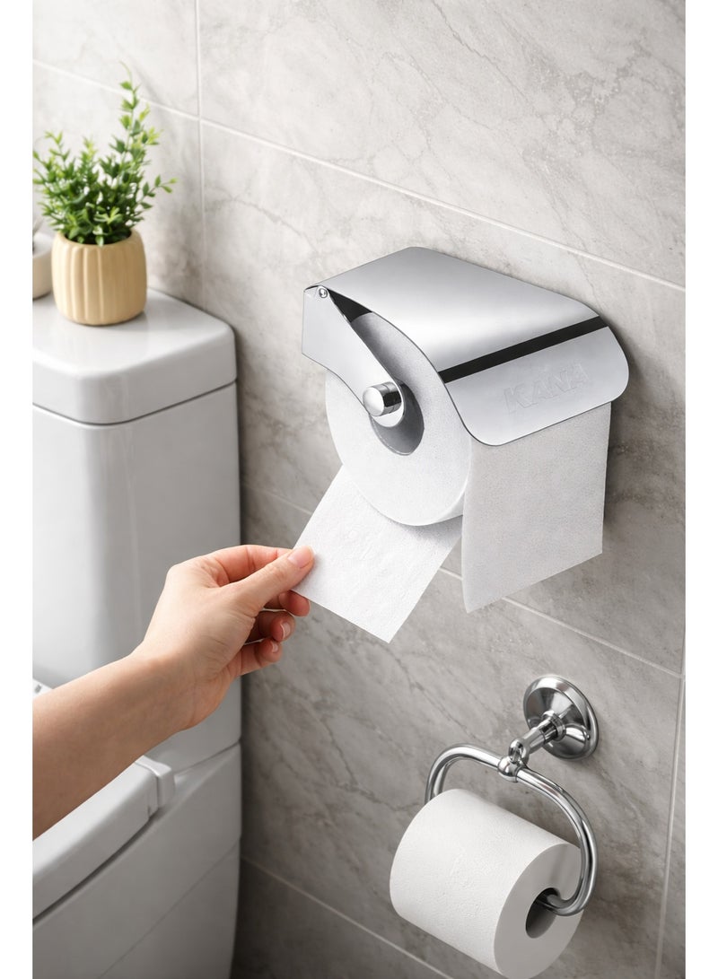 Kana The KANA Roll-Paper Box is the perfect choice for those who seek to combine luxury and practicality in bathroom design. Made from high-quality stainless steel, this holder provides a comfortable user experience and long-lasting durability thanks to its resistance to rust and scratches. It features a sleek, modern design that suits all tastes, adding a touch of elegance to any bathroom with its precise details and shiny metallic color. Easy to install, it is ideal for those looking to enhance their bathroom's appearance while maintaining the highest levels of performance and quality - Image 2