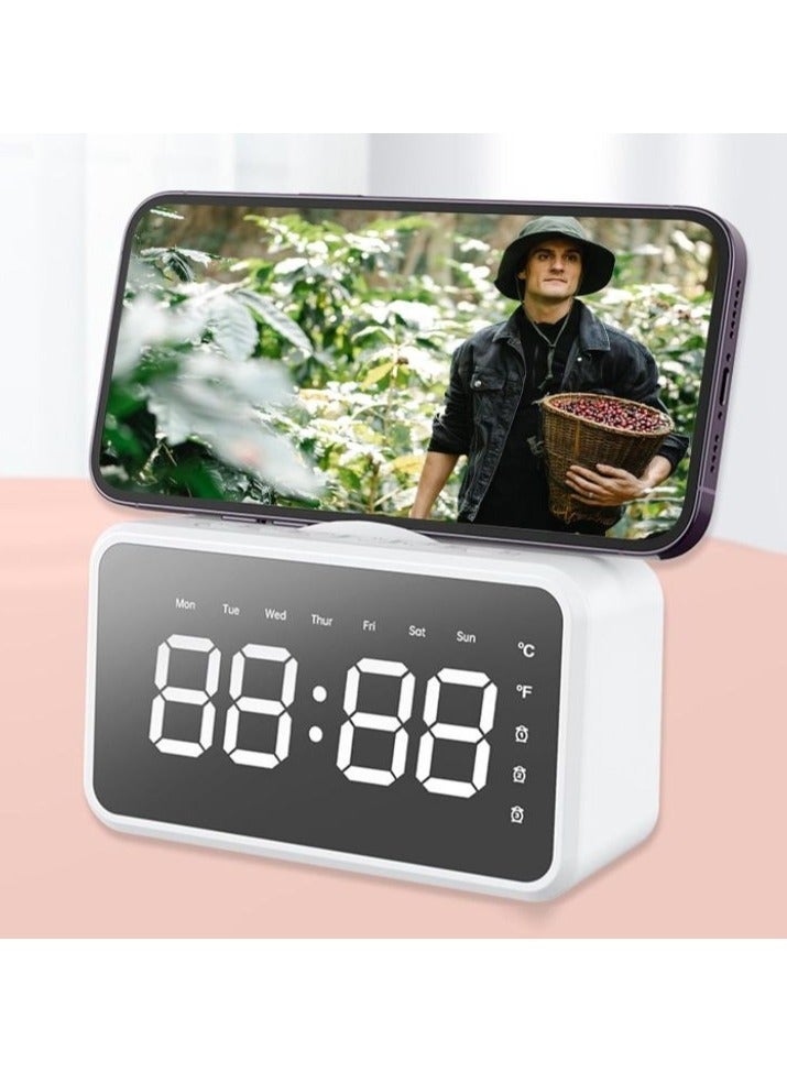 Smart Bluetooth Audio Alarm Clock Speaker – Dual Alarm, HD Display, Night Light, Temperature Display, Wireless Music Player & Phone Stand (Cool White) - Image 4