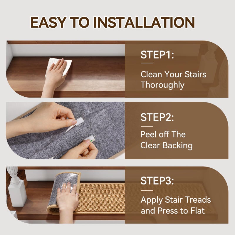 YDKGL 15PC Stair Treads Non-Slip Washable Peel and Stick Stair Treads for Wooden Steps Indoor Reusable Stair Carpet Treads Adhesive Stair-Runner Rugs for Kids and Dogs Elderï¼ˆ8"x30" Brownï¼‰ - Image 3