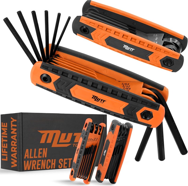 AMERICAN MUTT TOOLS مجموعة مفاتيح ألين قابلة للطي من موت توولز 17 قطعة - مجموعة مفاتيح سداسية SAE وميترية مع ترميز بالألوان - أداة مفاتيح ألين مدمجة للدراجات، DIY، الرماية - مفاتيح مع علامات الحجم - Image 1