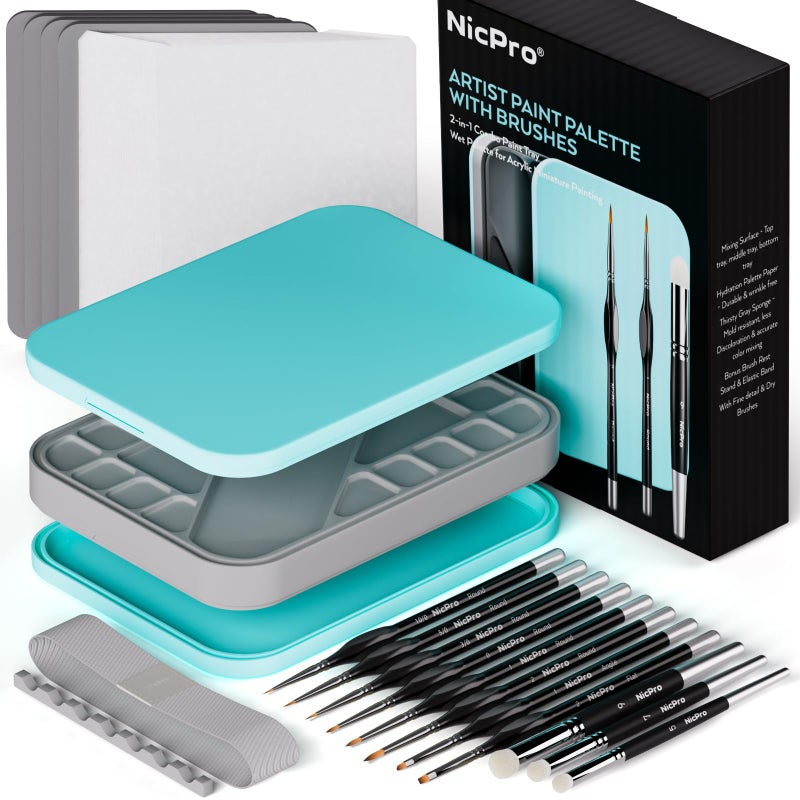 Nicpro Miniature Painting Kit with Wet Palette & 11PCS Detail Paint Brushes Drybrush, 100PCS Wet Pallet Paper, 4PCS Sponge, Brush Holder Mixing Paint Saver Palette for Miniature Model Painting - Image 1