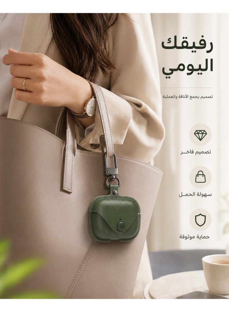 حافظة AirPods Pro 2 من جلد PU، غطاء حماية لسماعات AirPods Pro 2 مع زر كبس، حافظة سماعات مقاومة للصدمات مع مشبك كارابين، حافظة AirPods Pro 2 مقاومة للخدش، غطاء محمول قابل للتعليق، أخضر زيتوني - Image 4