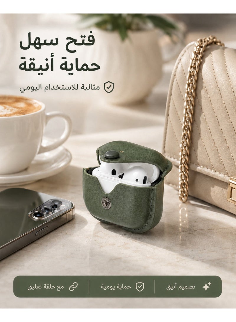 حافظة AirPods Pro 2 من جلد PU، غطاء حماية لسماعات AirPods Pro 2 مع زر كبس، حافظة سماعات مقاومة للصدمات مع مشبك كارابين، حافظة AirPods Pro 2 مقاومة للخدش، غطاء محمول قابل للتعليق، أخضر زيتوني - Image 3