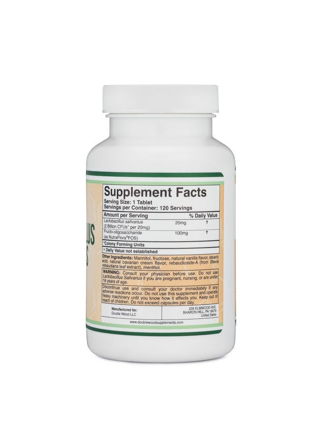 Double Wood Supplements - Lactobacillus Salivarius Oral Probiotics - Vanilla Tablets for Dental Health, Teeth, and Gums - Extreme Bad Breath Treatment for Adults (120 Count, 2 Billion CFUs per 20mg Tablet) by Double Wood - Image 1