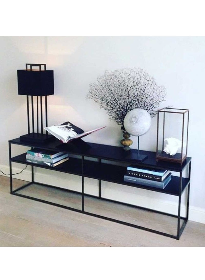 House One TV Table | Modern Steel and Glass Shelves TV Cabinet with Storage Capacity Suitable for Living Room Furniture  - Black - 140x40x50 cm - Image 1
