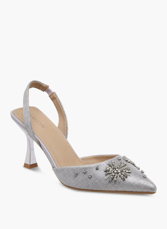 Celeste Women's Embellished Pointed Toe Slingback Shoes with Kitten Heels