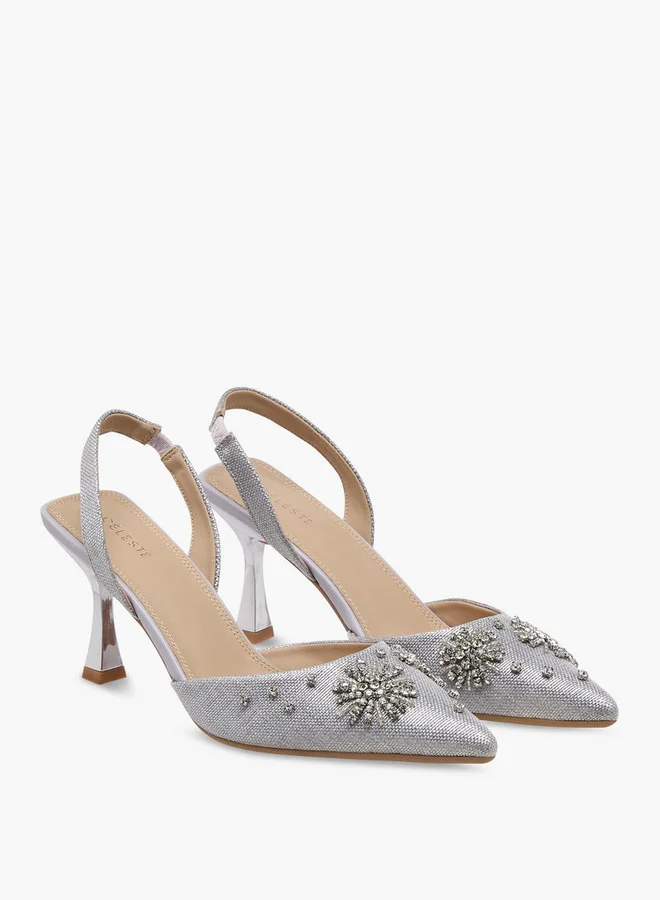 Celeste Women's Embellished Pointed Toe Slingback Shoes with Kitten Heels