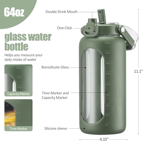 BLUEGO 64oz Glass Water Bottle with Handle and Straw Motivational Sports Water Bottle with Time Marker and Silicone Sleeve Leakproof Drinking Bottle for Travel Gym Workout Olive - Image 3