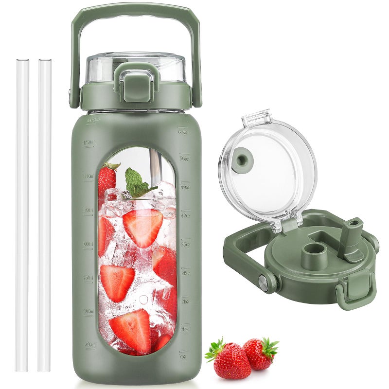 BLUEGO 64oz Glass Water Bottle with Handle and Straw Motivational Sports Water Bottle with Time Marker and Silicone Sleeve Leakproof Drinking Bottle for Travel Gym Workout Olive - Image 2