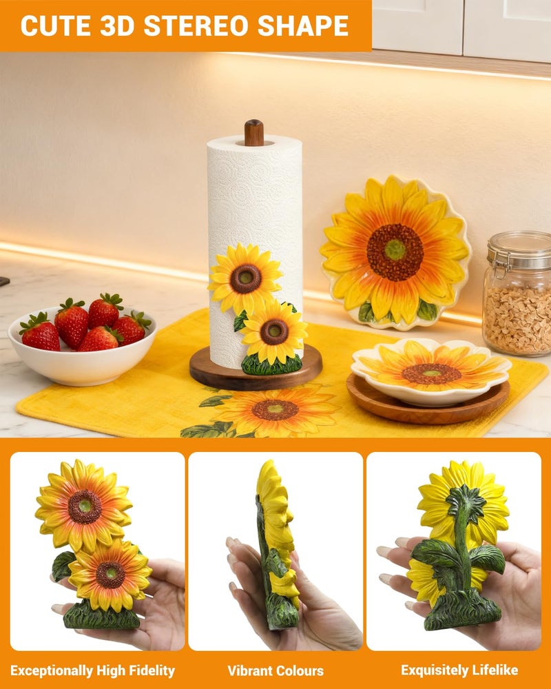 GAJ Sunflower Paper Towel Holder, Yellow Sunflower Kitchen Decor for Countertop, Gifts for Women Mom Grandma, Wooden Stand with 3D Resin Floral Accent, Non-Slip Base, Fits Standard & Jumbo Rolls - Image 3