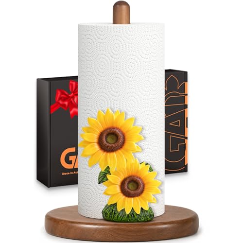 GAJ Sunflower Paper Towel Holder, Yellow Sunflower Kitchen Decor for Countertop, Gifts for Women Mom Grandma, Wooden Stand with 3D Resin Floral Accent, Non-Slip Base, Fits Standard & Jumbo Rolls - Image 1