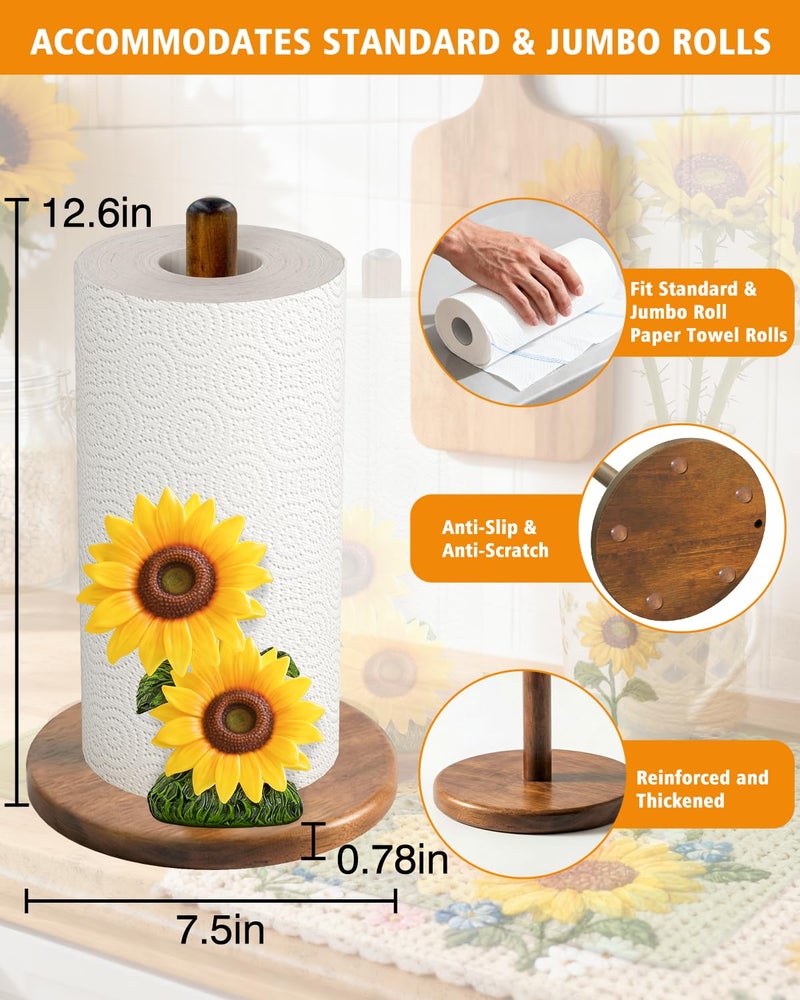 GAJ Sunflower Paper Towel Holder, Yellow Sunflower Kitchen Decor for Countertop, Gifts for Women Mom Grandma, Wooden Stand with 3D Resin Floral Accent, Non-Slip Base, Fits Standard & Jumbo Rolls - Image 5