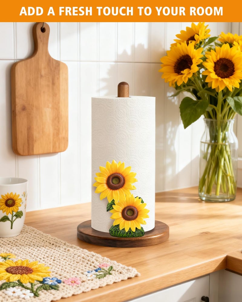 GAJ Sunflower Paper Towel Holder, Yellow Sunflower Kitchen Decor for Countertop, Gifts for Women Mom Grandma, Wooden Stand with 3D Resin Floral Accent, Non-Slip Base, Fits Standard & Jumbo Rolls - Image 2