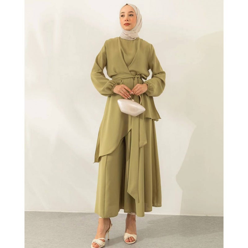 2024 spring new cross-border foreign trade womens suit Muslim style solid color fashion strap wide leg pants set Yellow green - Image 1