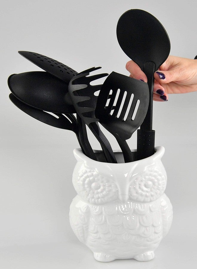 هوم-إكس حامل أدوات المطبخ على شكل بومة من السيراميك من هوم-إكس - منظم مطبخ، حامل أدوات كبير للسطح، وعاء تخزين للطبخ والملاعق، ديكور ريفي، إكسسوار منزلي ومطبخي، أبيض - Image 3