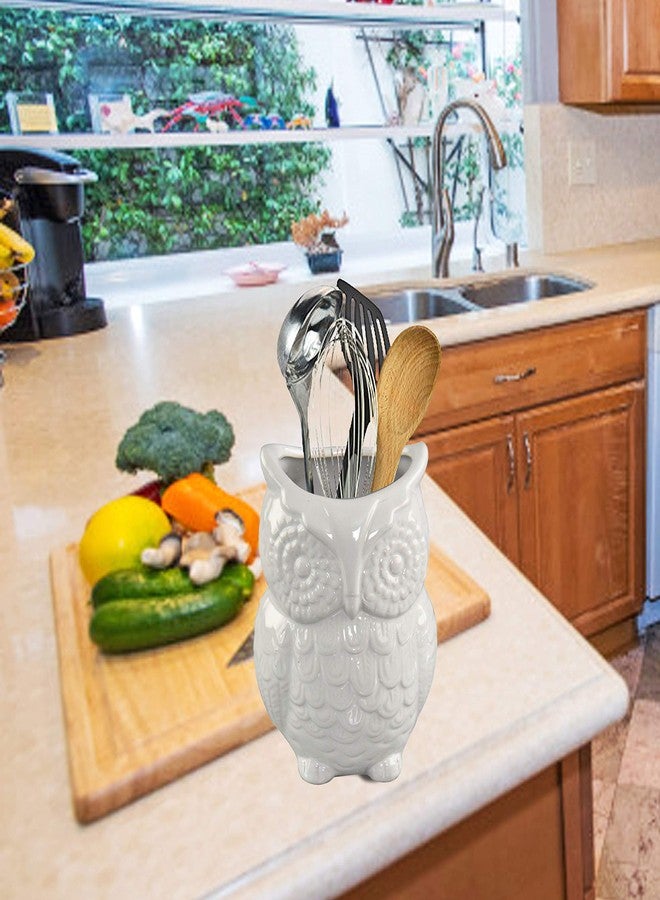 هوم-إكس حامل أدوات المطبخ على شكل بومة من السيراميك من هوم-إكس - منظم مطبخ، حامل أدوات كبير للسطح، وعاء تخزين للطبخ والملاعق، ديكور ريفي، إكسسوار منزلي ومطبخي، أبيض - Image 5