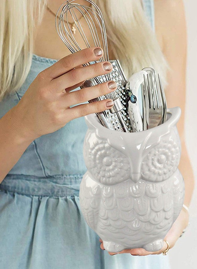 هوم-إكس حامل أدوات المطبخ على شكل بومة من السيراميك من هوم-إكس - منظم مطبخ، حامل أدوات كبير للسطح، وعاء تخزين للطبخ والملاعق، ديكور ريفي، إكسسوار منزلي ومطبخي، أبيض - Image 2