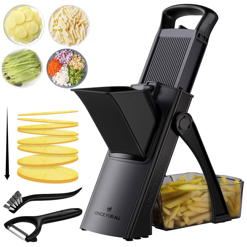 ONCE FOR ALL Safe Mandoline Slicer For Kitchen, Biger Size, Adjustable Vegetable Chopper Food Slicer Potato French Fry Cutter with Peeler, Detachable, Kitchen Chopping Artifact (Black) - Image 1