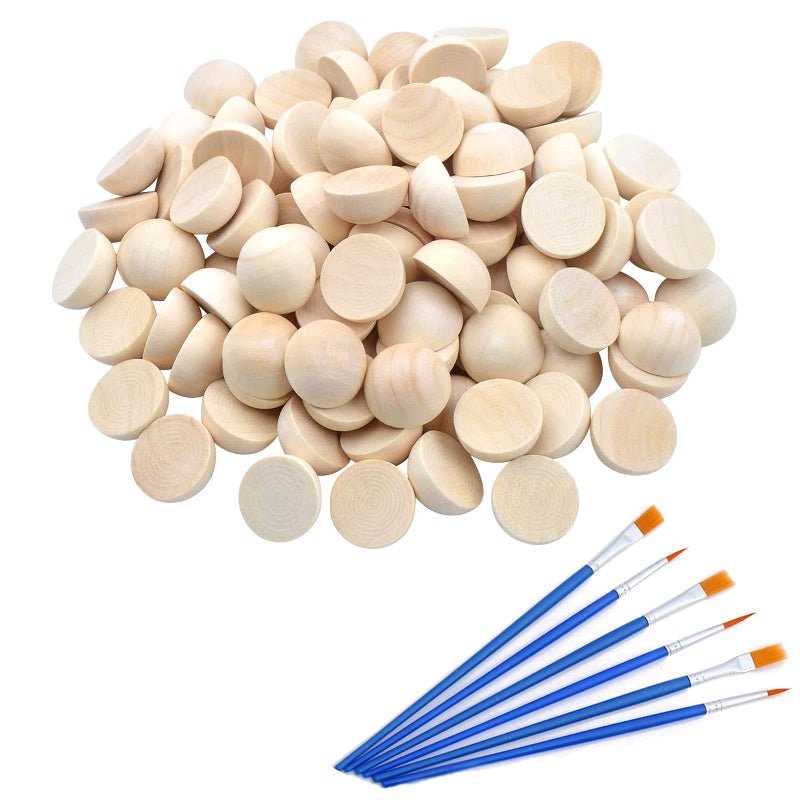 hesmartly 120 pcs Half Wood Balls 15mm Unfinished Half Wooden Balls Split Wood Balls for DIY Projects Craft Supplies and 6pcs Nylon Paint Brushes - Image 1