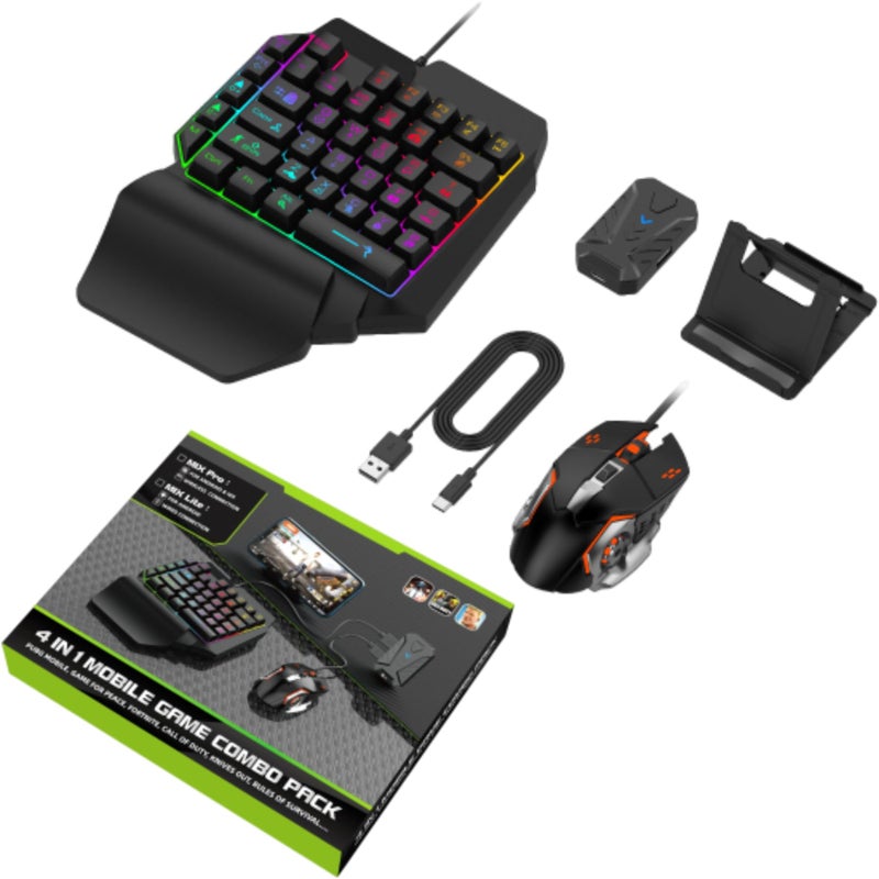 Bewinner Half Hand Gaming Keyboard and Mouse Combo, 4 in 1 Mobile Game Combo Pack, Mobile Gamepad Controller, One Handed Gaming Keyboard, Mouse Converter, Adjustable Phone Stand - Image 1